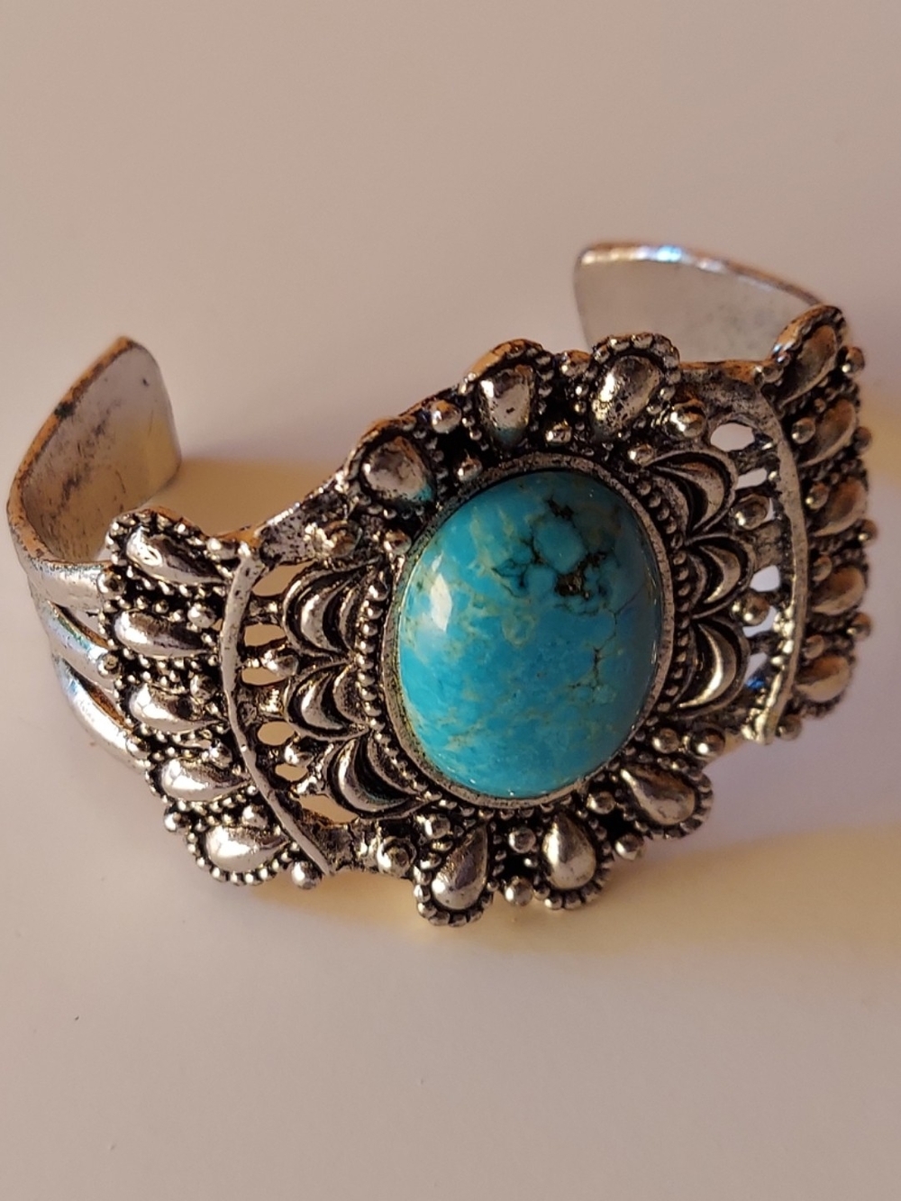Turquoise Stone Silver-Tone Cuff Bracelet - Blue
